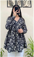 Women’s Navy Blue Floral Printed Flared Top | Long Sleeve V-Neck Casual Tunic for Daily Wear