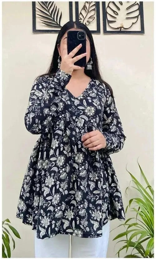 Women’s Navy Blue Floral Printed Flared Top | Long Sleeve V-Neck Casual Tunic for Daily Wear