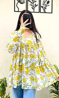 Women’s Yellow Floral Printed Flared Tunic Top | V-Neck Long Sleeve Casual Cotton Top
