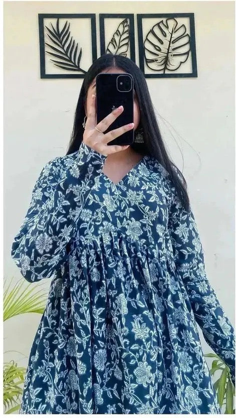 Women’s Navy Blue Floral Printed Flared Tunic Top | V-Neck Long Sleeve Casual Wear Top