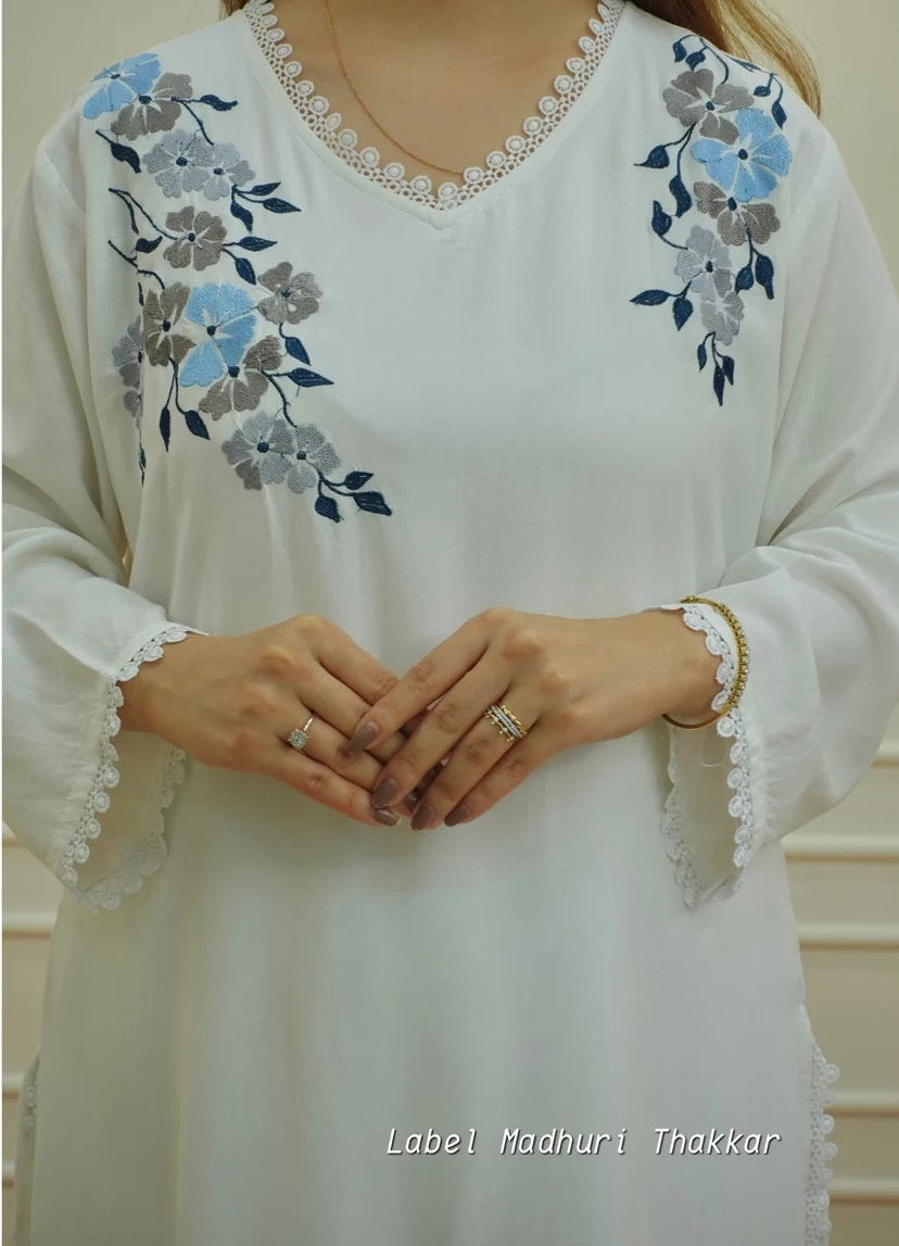 White Floral Embroidered Kurta for Women | Cotton Ethnic Wear
