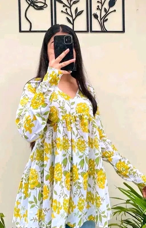 Women’s Yellow Floral Printed Flared Tunic Top | V-Neck Long Sleeve Casual Cotton Top