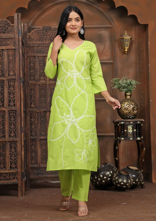 Lime Bloom Floral Kurta Pant Set for Women | Cotton Ethnic Wear