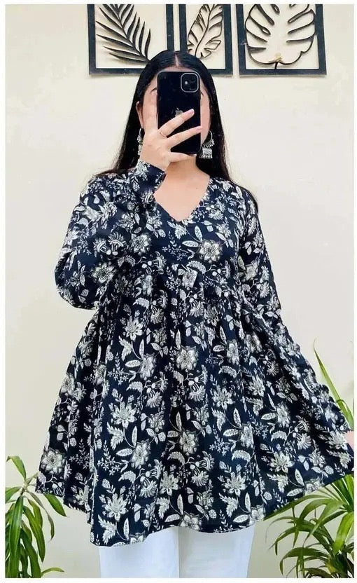 Women’s Navy Blue Floral Printed Flared Top | Long Sleeve V-Neck Casual Tunic for Daily Wear