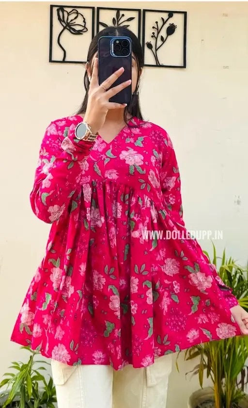 Women’s Pink Floral Printed Flared Tunic Top | V-Neck Long Sleeve Casual Wear Top
