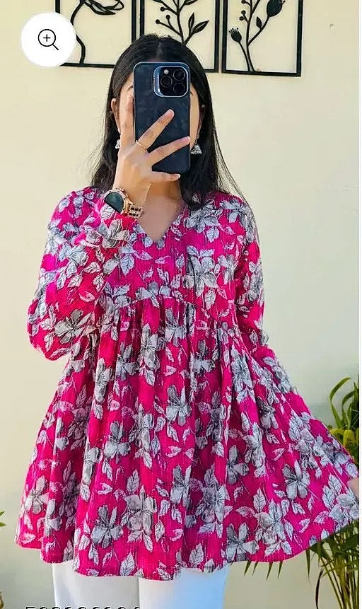 Women’s Pink Floral Printed Flared Tunic Top | V-Neck Long Sleeve Casual Wear Top