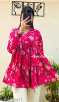 Women’s Pink Floral Printed Flared Tunic Top | V-Neck Long Sleeve Casual Wear Top