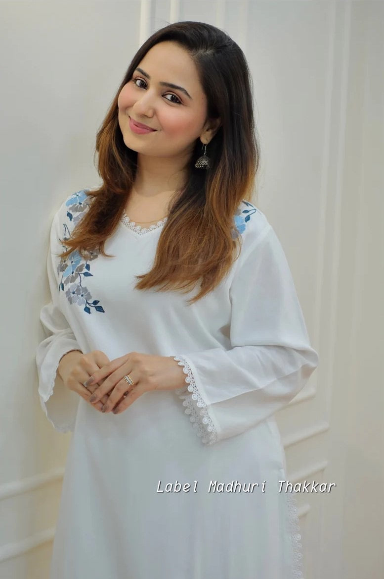 White Floral Embroidered Kurta for Women | Cotton Ethnic Wear