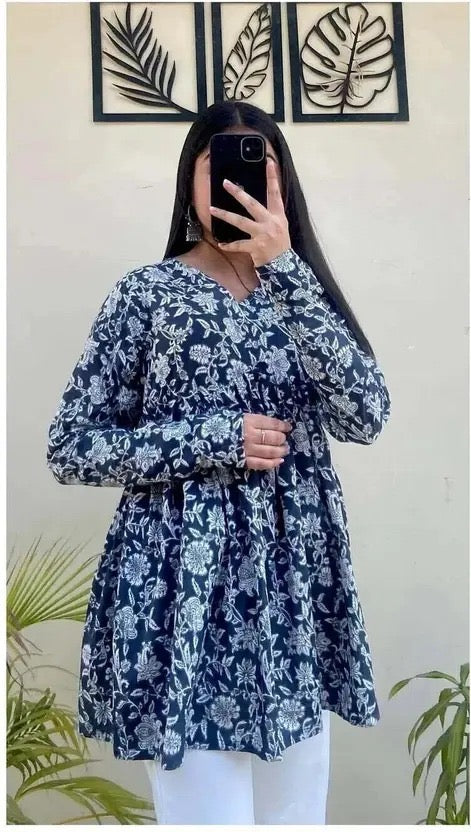 Women’s Navy Blue Floral Printed Flared Tunic Top | V-Neck Long Sleeve Casual Wear Top
