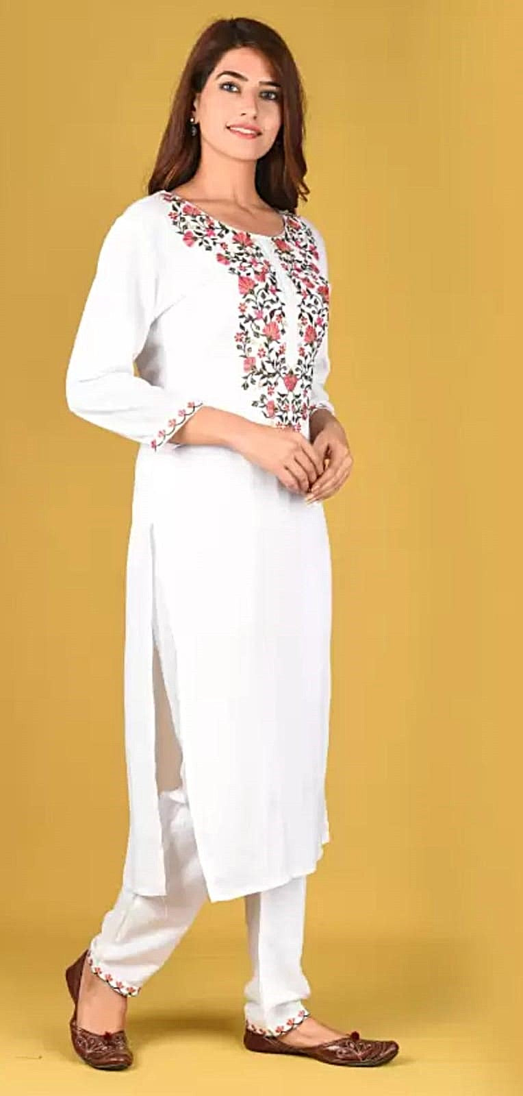 White Floral Embroidered Kurta Set for Women | Straight Kurta with Pants | Ethnic Wear