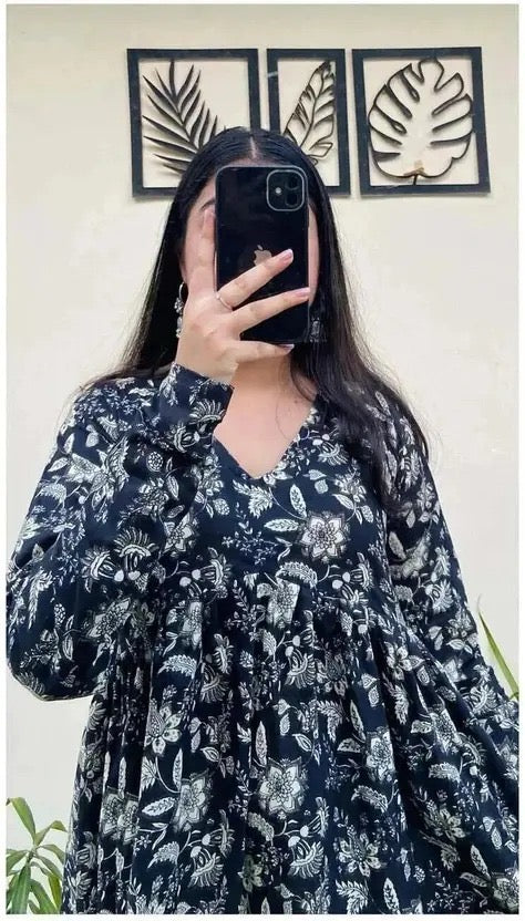 Women’s Navy Blue Floral Printed Flared Top | Long Sleeve V-Neck Casual Tunic for Daily Wear