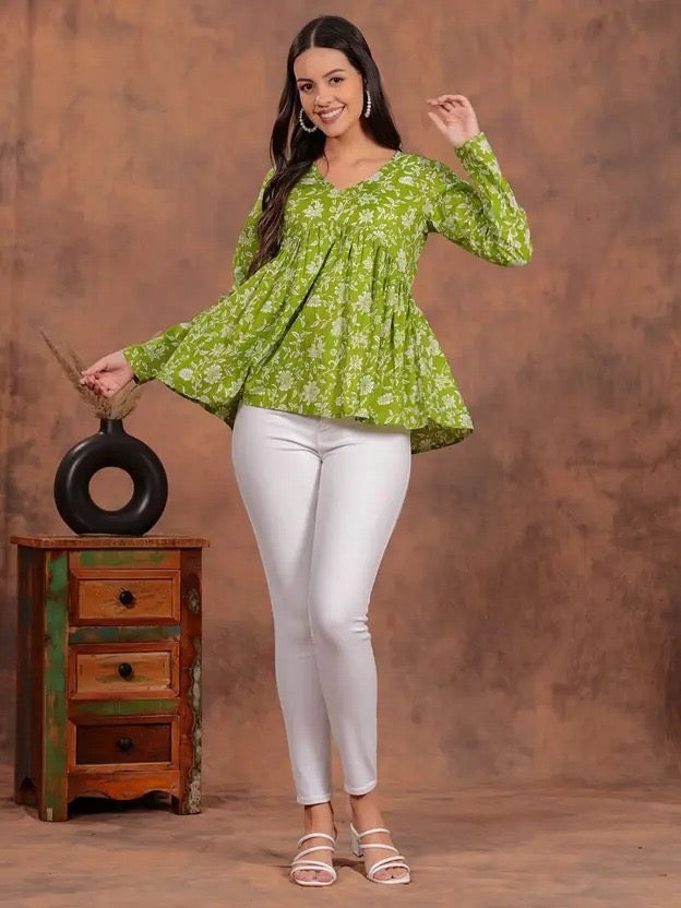 Green Floral Printed Top for Women | Stylish Casual Wear