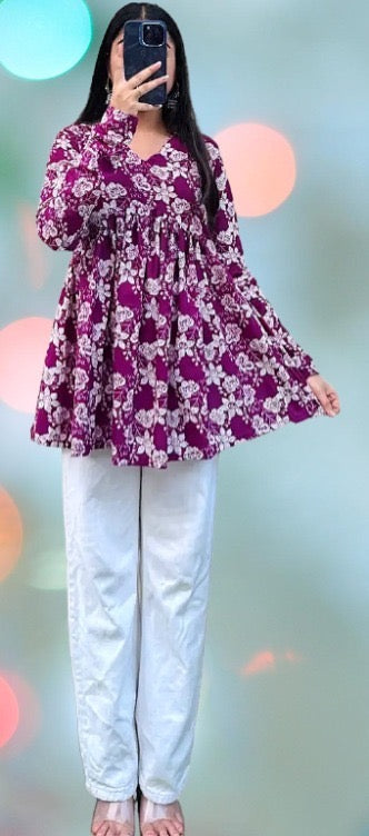 Purple Floral Printed A-Line Kurti for Women | V-Neck Long Sleeve Top