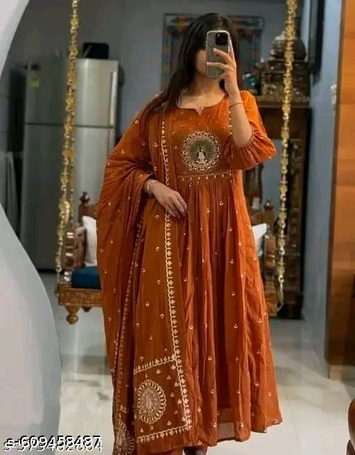 Rust Orange Embroidered Anarkali Kurti for Women | Festive & Ethnic Wear