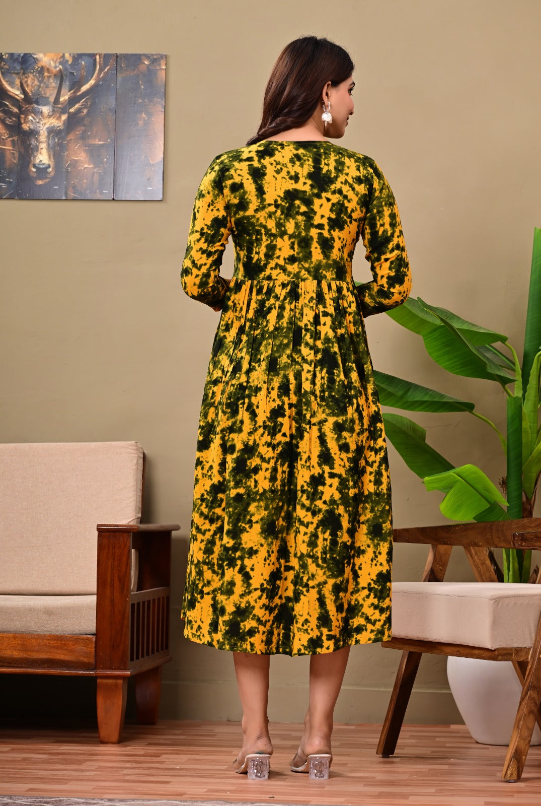 Women’s Mustard Yellow & Green Tie-Dye A-Line Midi Dress | Stylish Flared Cotton Kurti Dress for Casual, Office & Festive Wear
