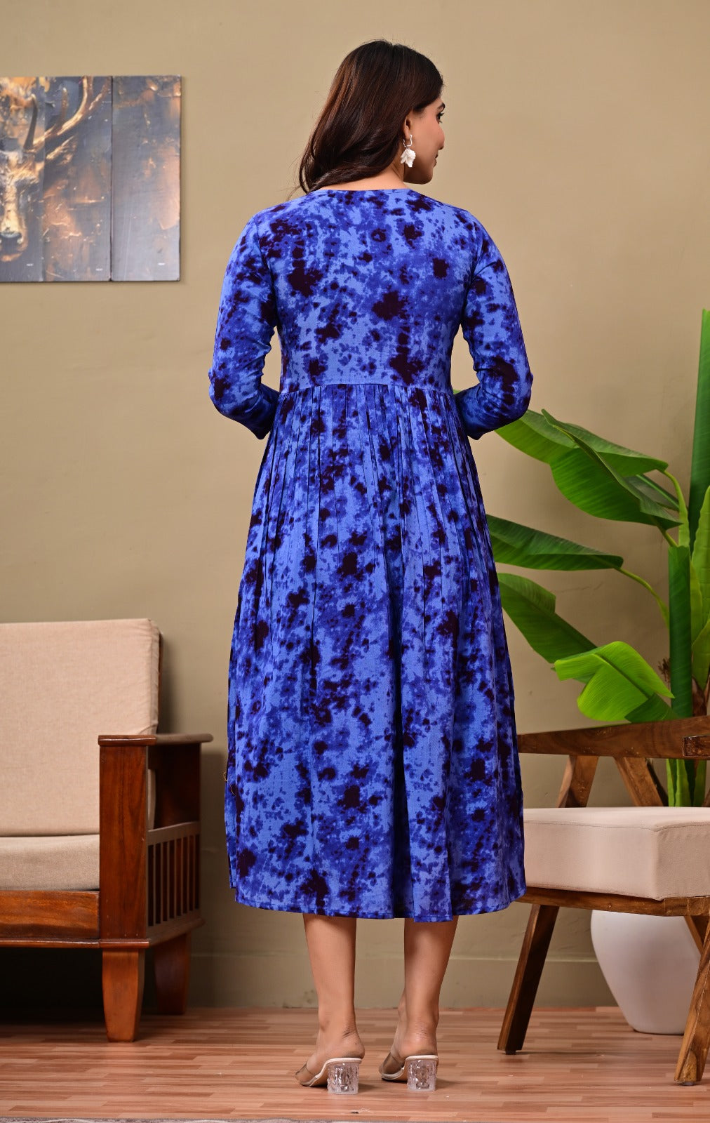 Women’s Blue Tie-Dye A-Line Midi Dress | Stylish Flared Cotton Kurti Dress for Casual, Office & Festive Wear