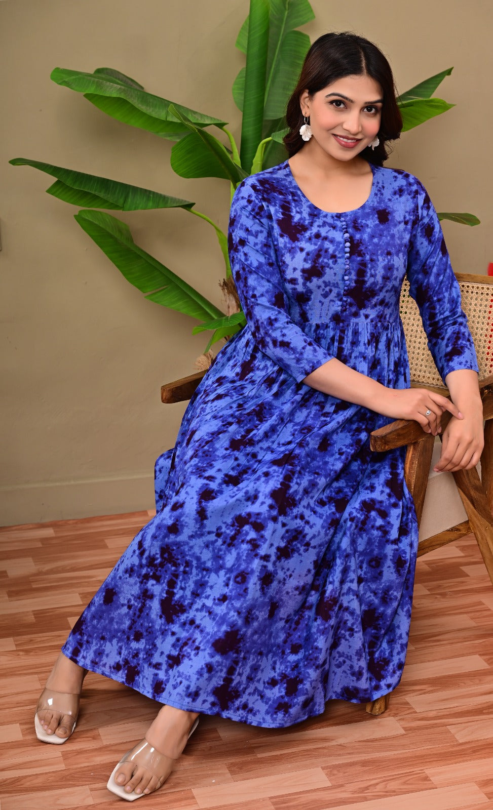 Women’s Blue Tie-Dye A-Line Midi Dress | Stylish Flared Cotton Kurti Dress for Casual, Office & Festive Wear