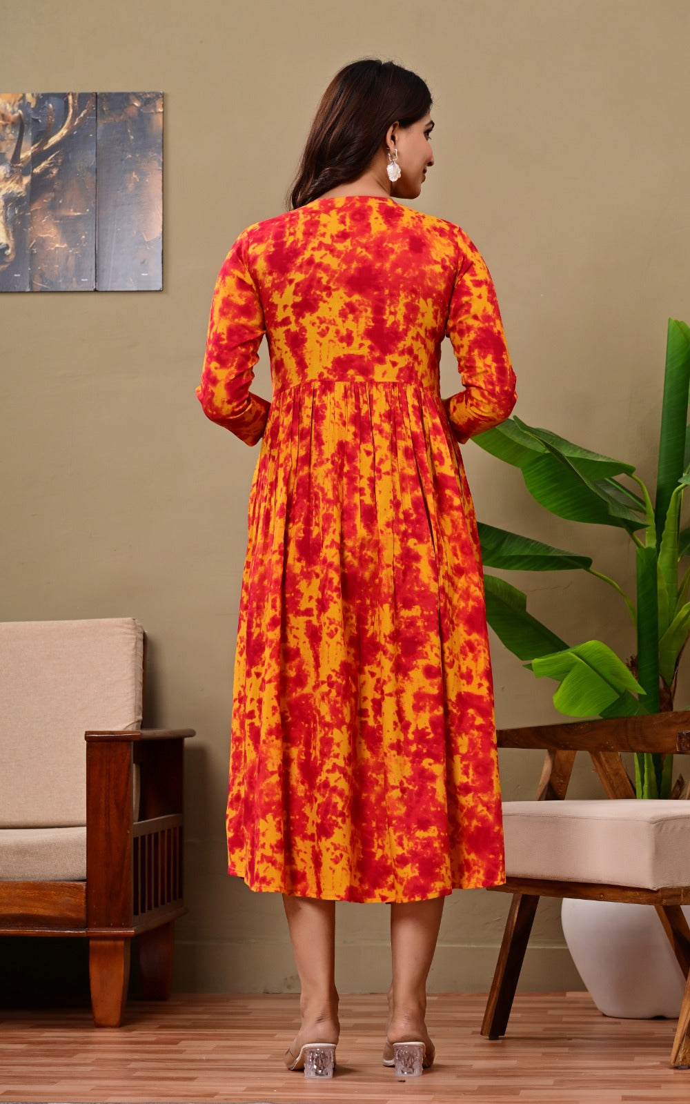 Women’s Red & Yellow Tie-Dye A-Line Midi Dress | Stylish Flared Cotton Kurti Dress for Casual, Office & Festive Wear