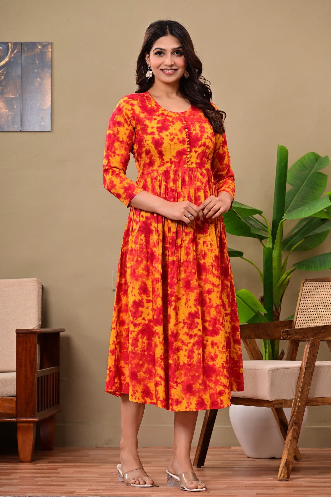Women’s Red & Yellow Tie-Dye A-Line Midi Dress | Stylish Flared Cotton Kurti Dress for Casual, Office & Festive Wear