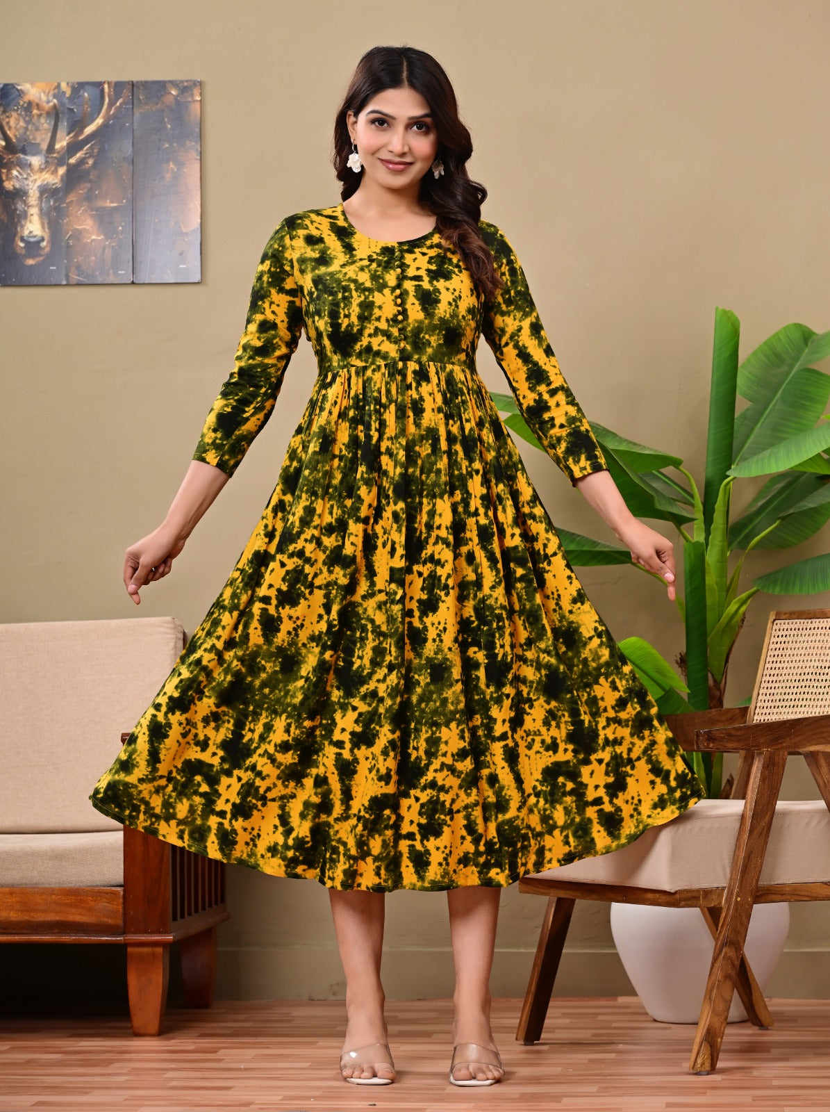 Women’s Mustard Yellow & Green Tie-Dye A-Line Midi Dress | Stylish Flared Cotton Kurti Dress for Casual, Office & Festive Wear
