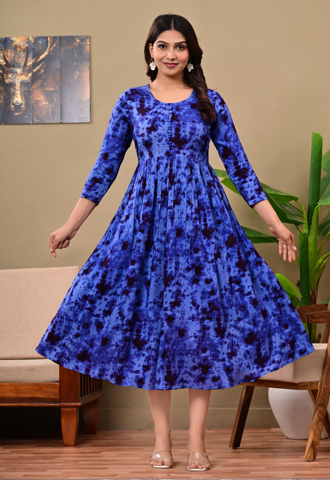 Women’s Blue Tie-Dye A-Line Midi Dress | Stylish Flared Cotton Kurti Dress for Casual, Office & Festive Wear