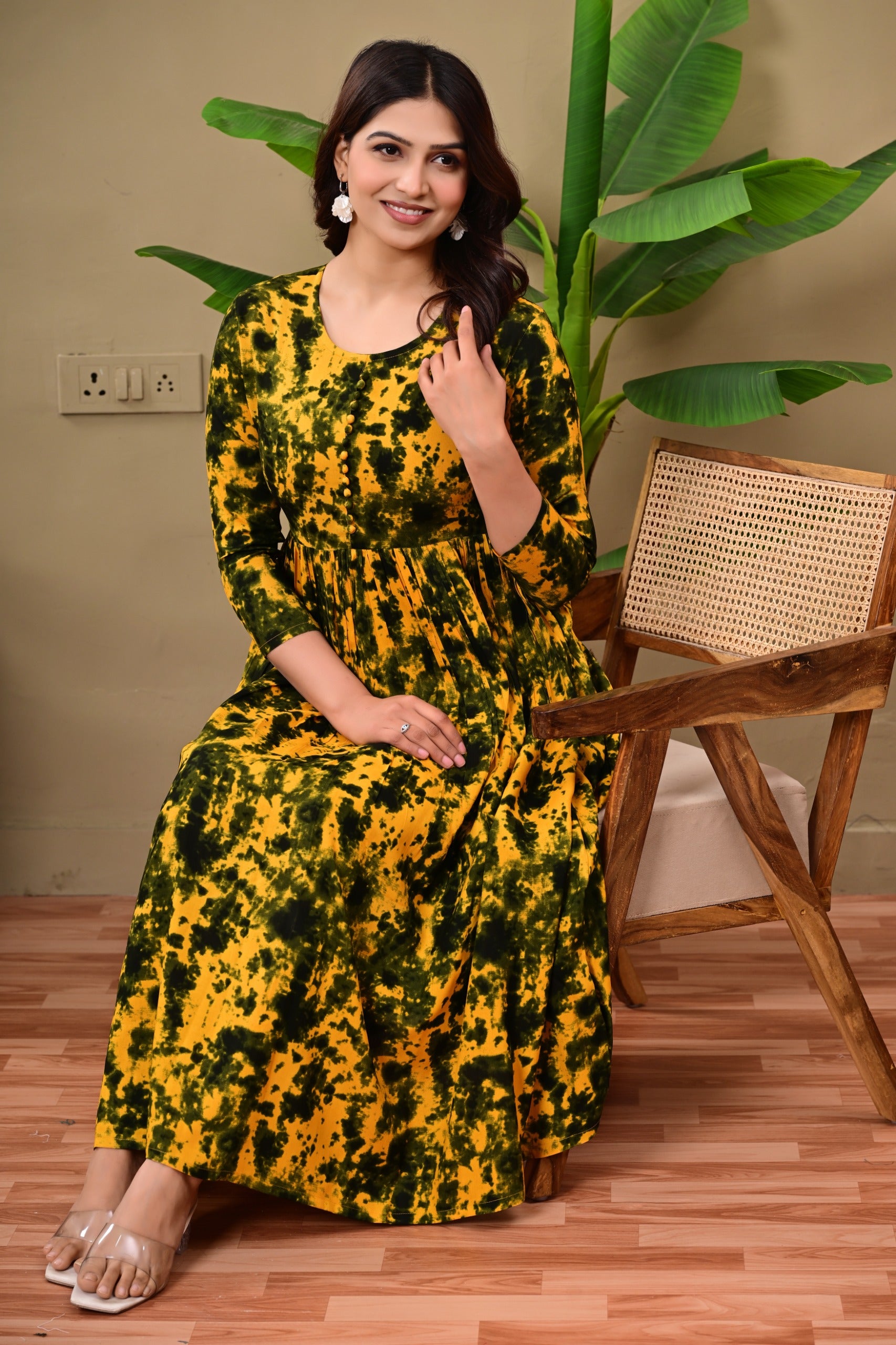 Women’s Mustard Yellow & Green Tie-Dye A-Line Midi Dress | Stylish Flared Cotton Kurti Dress for Casual, Office & Festive Wear