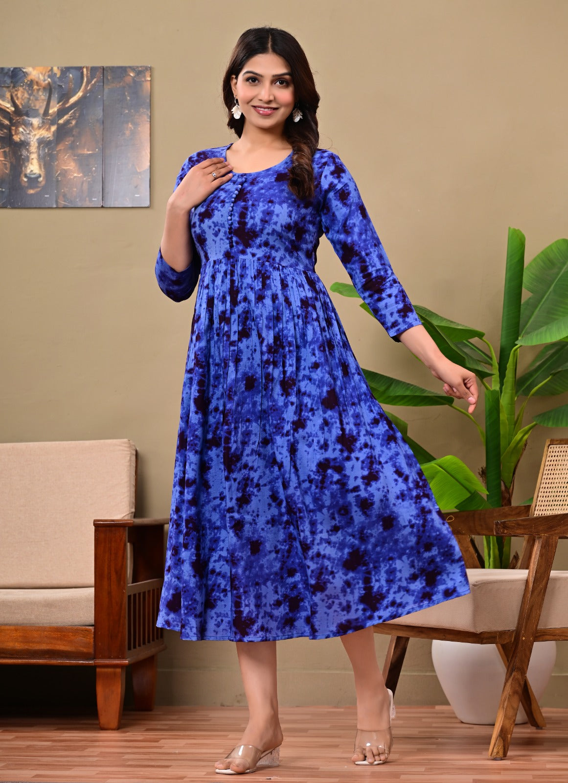 Women’s Blue Tie-Dye A-Line Midi Dress | Stylish Flared Cotton Kurti Dress for Casual, Office & Festive Wear