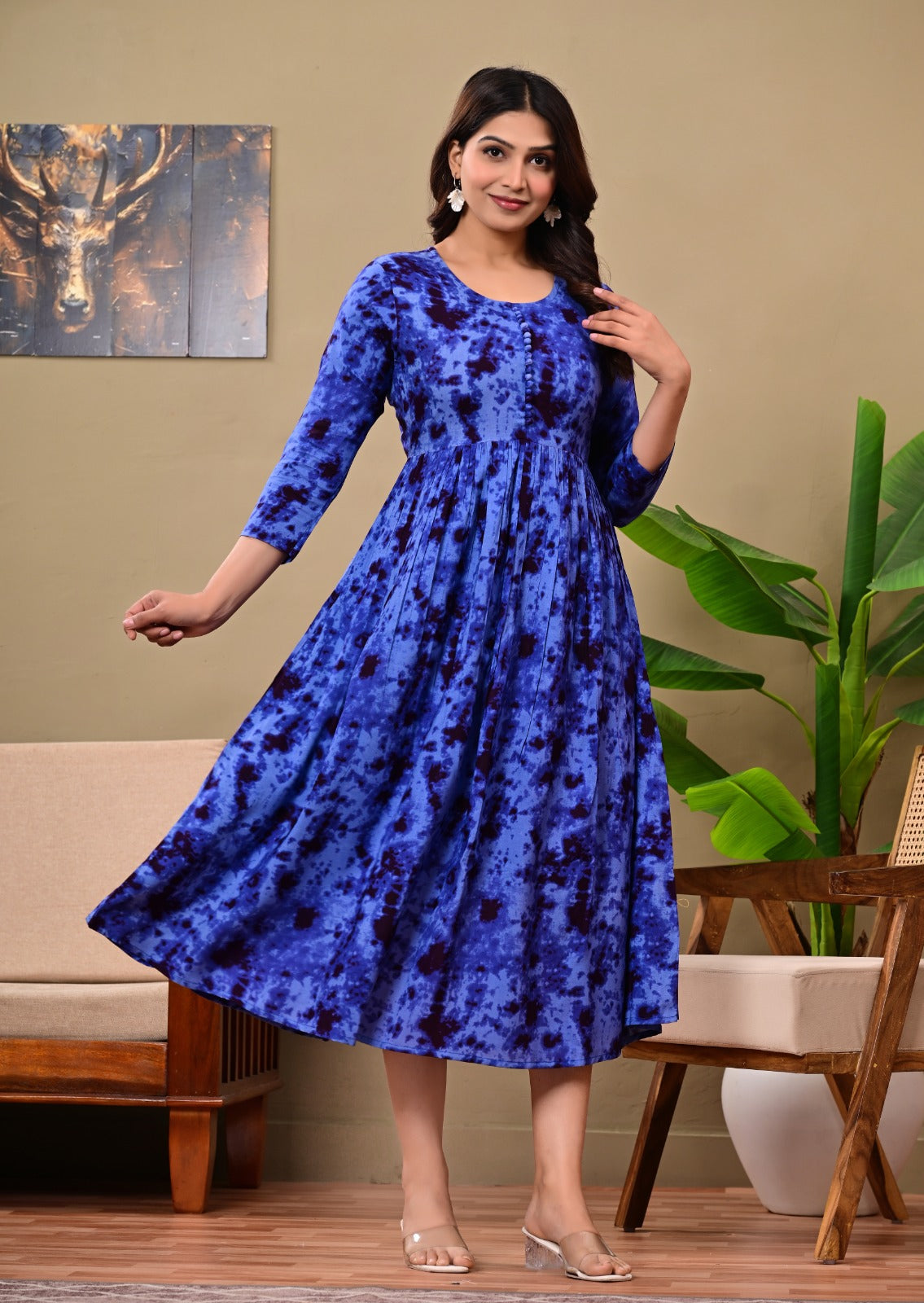 Women’s Blue Tie-Dye A-Line Midi Dress | Stylish Flared Cotton Kurti Dress for Casual, Office & Festive Wear