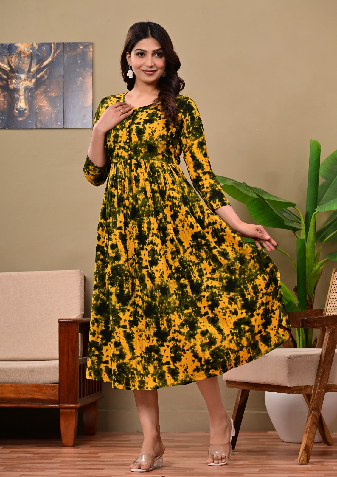 Women’s Mustard Yellow & Green Tie-Dye A-Line Midi Dress | Stylish Flared Cotton Kurti Dress for Casual, Office & Festive Wear