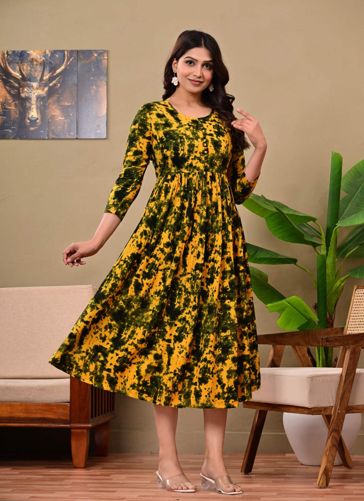 Women’s Mustard Yellow & Green Tie-Dye A-Line Midi Dress | Stylish Flared Cotton Kurti Dress for Casual, Office & Festive Wear