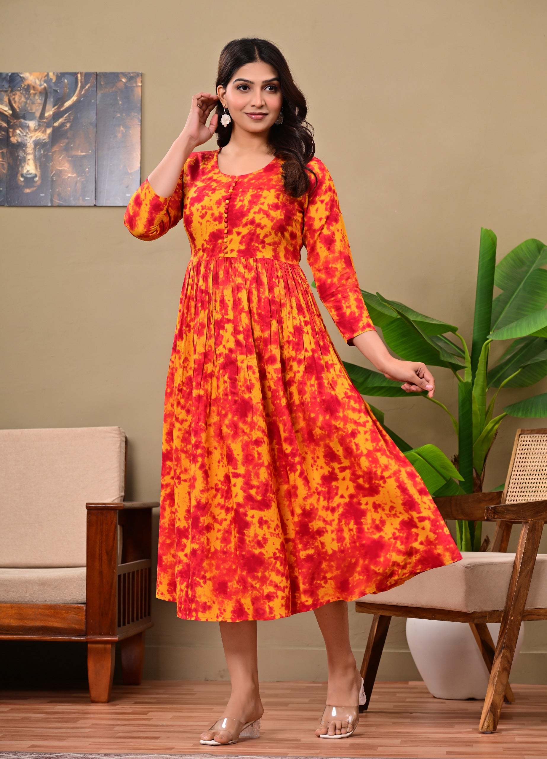 Women’s Red & Yellow Tie-Dye A-Line Midi Dress | Stylish Flared Cotton Kurti Dress for Casual, Office & Festive Wear