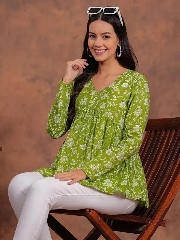 Green Floral Printed Top for Women | Stylish Casual Wear