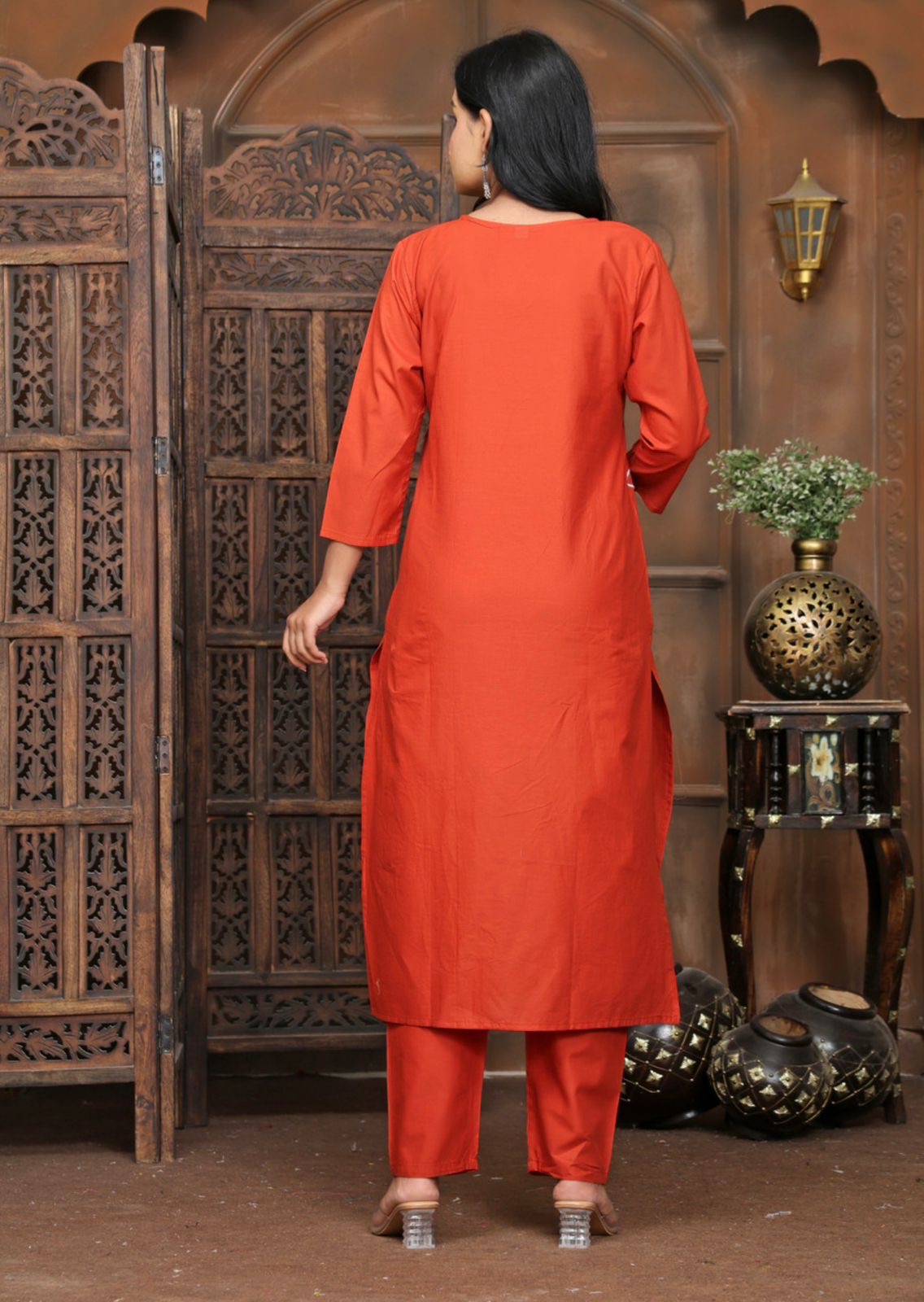 Rust Bloom Floral Kurta Pant Set for Women | Cotton Ethnic Wear