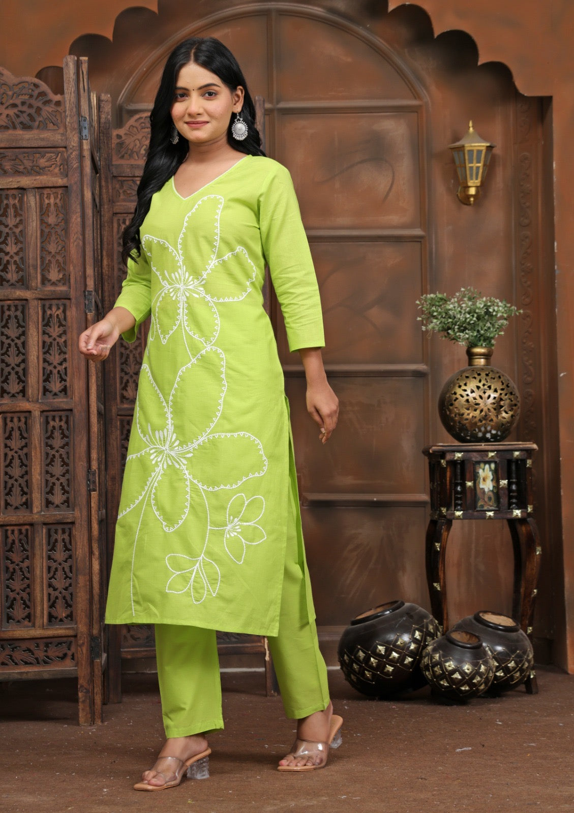 Lime Bloom Floral Kurta Pant Set for Women | Cotton Ethnic Wear