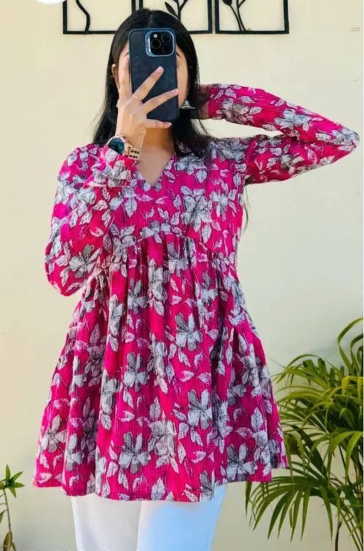 Women’s Pink Floral Printed Flared Tunic Top | V-Neck Long Sleeve Casual Wear Top