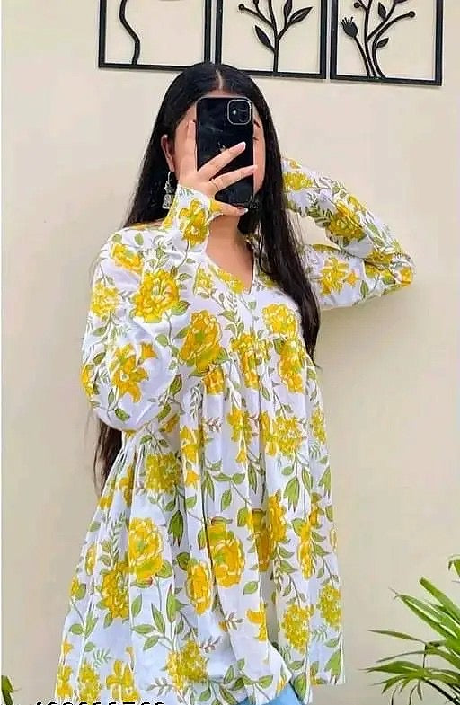 Women’s Yellow Floral Printed Flared Tunic Top | V-Neck Long Sleeve Casual Cotton Top
